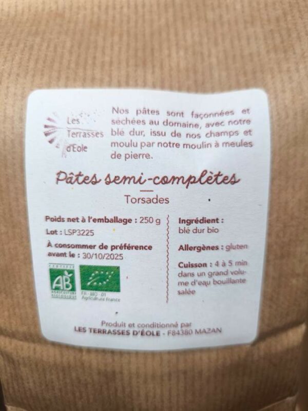 Les Terrasses d'Eole - Pâtes semi-complètes en sachet (250g) – Image 3